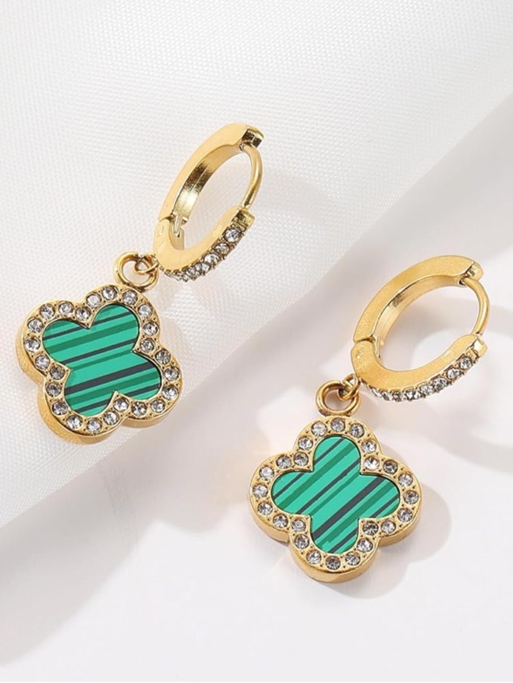 18k Gold Plated Green Clover Drop Earrings